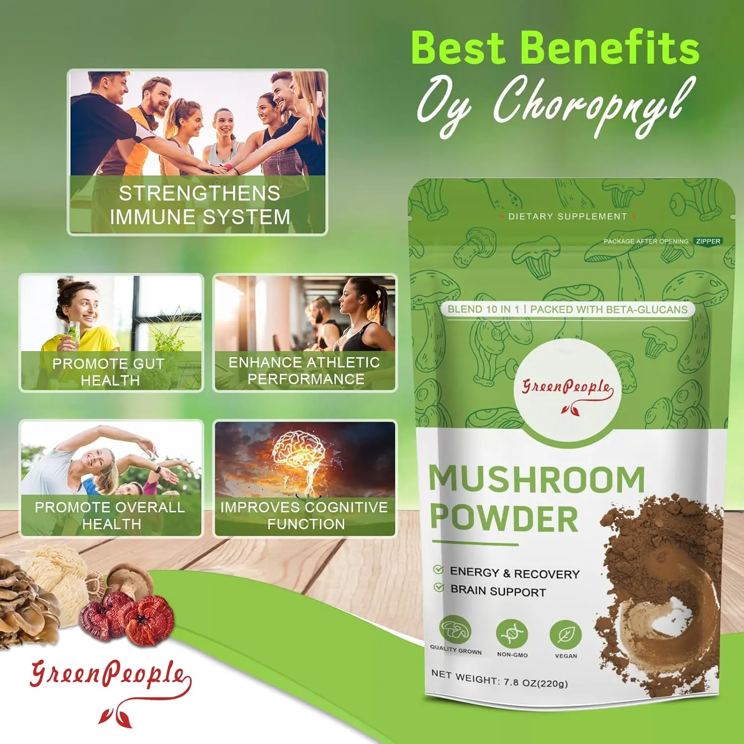 GREENPEOPLE 10-in-1 Mushrooms Lions Mane Supplement  Powder with Reishi Complex for Cognitive Function & Immune Support view 6