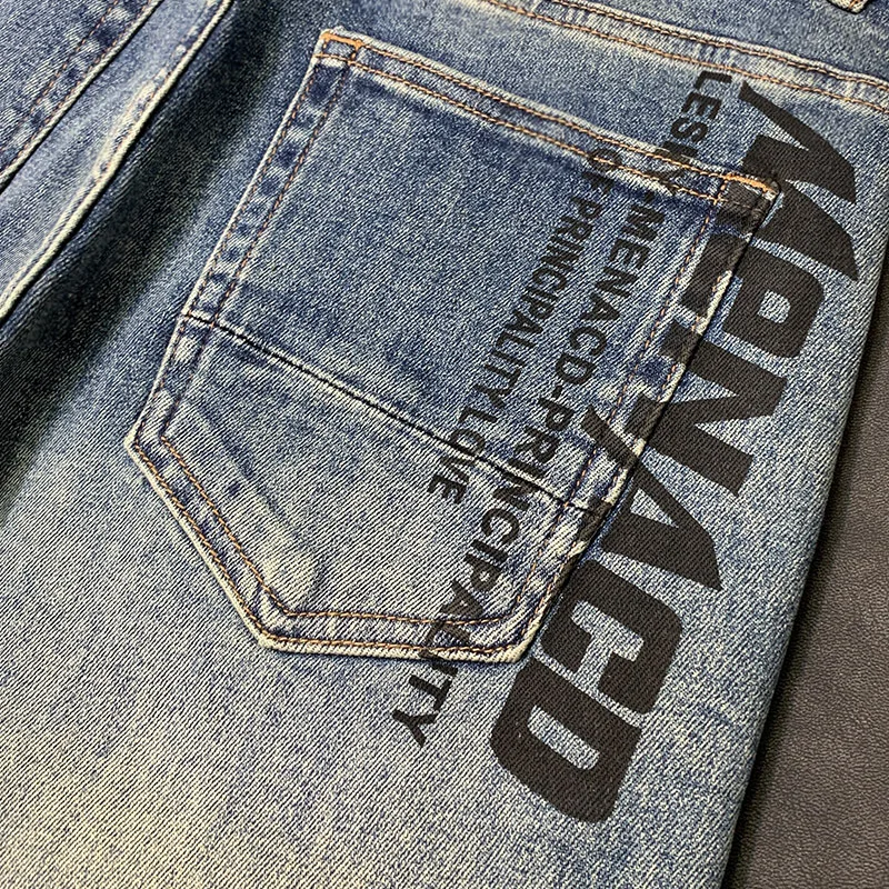 Jeans estampado personalizado masculino, moda de rua, calça casual, justa, lavada, design de interesse especial, marca coreana