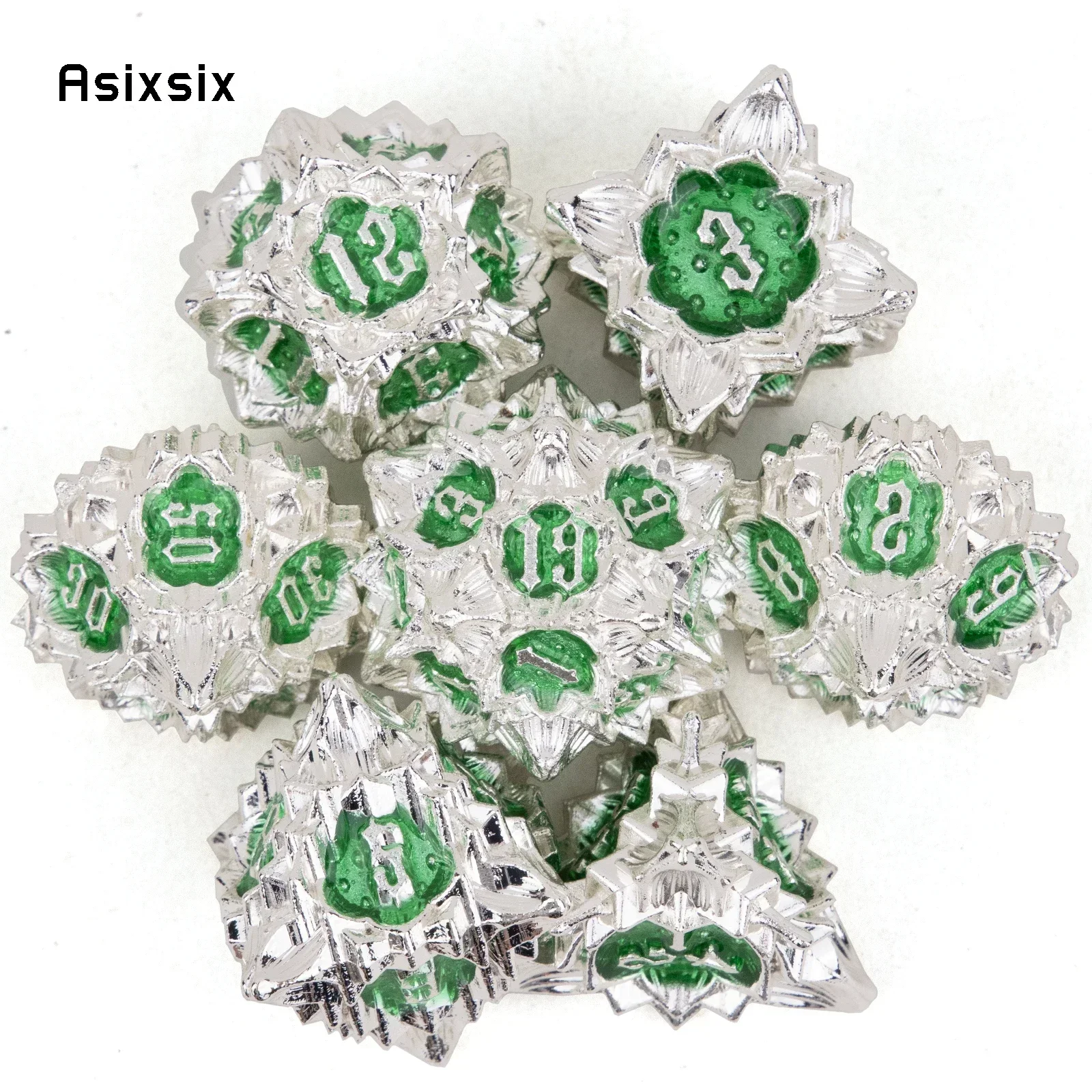 

7 Pcs White Green Lotus Flower Metal Dice Perfect For Card Games Board Games For Critical Role, Rpgs, D&D