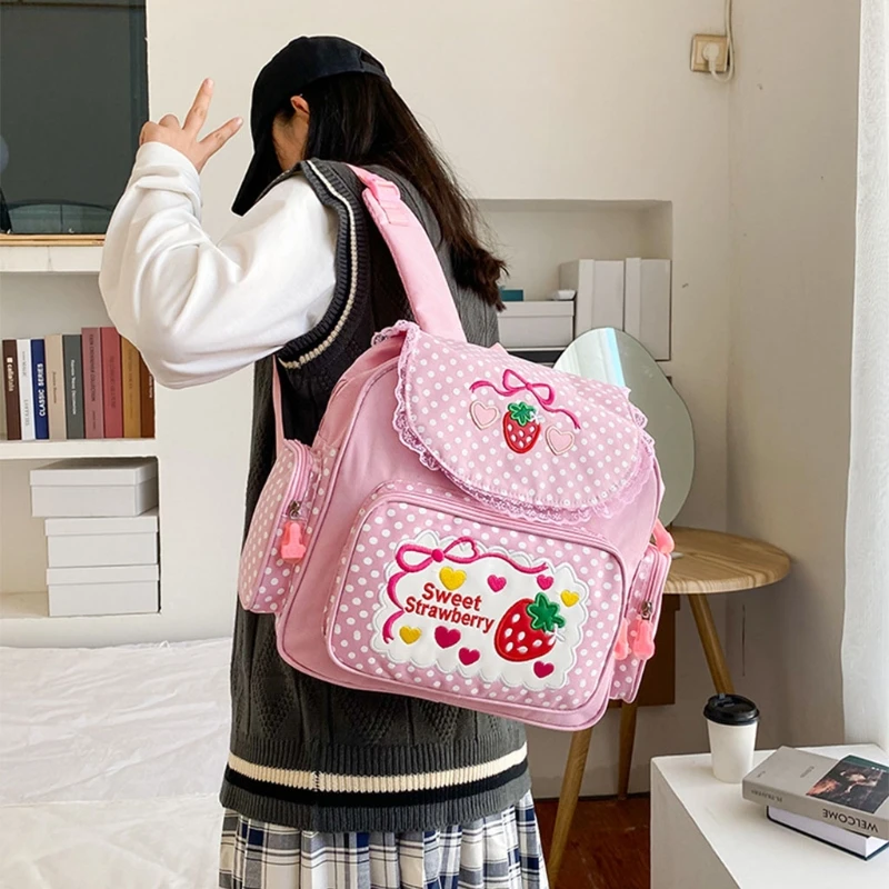 Girl Embroidery Strawberry School Backpack Children\'s Schoolbag Student Girls E74B