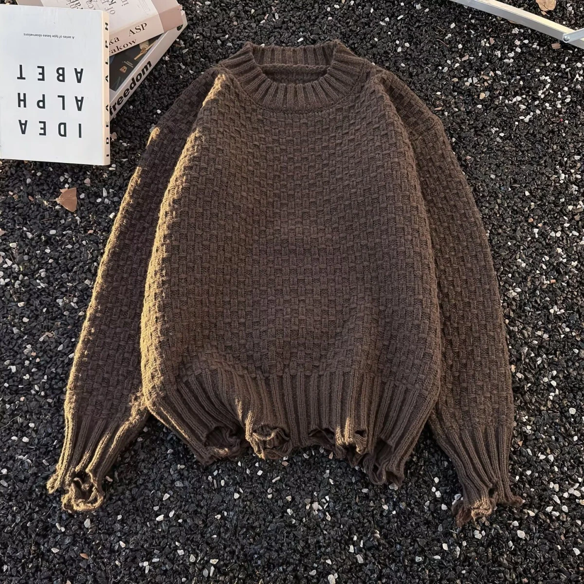 

Универсальный вязаный свободный круглый мужской свитер с текстурированными отверстиями, базовый слой, осенне-зимний топ, повседневный длинный полиэстер све