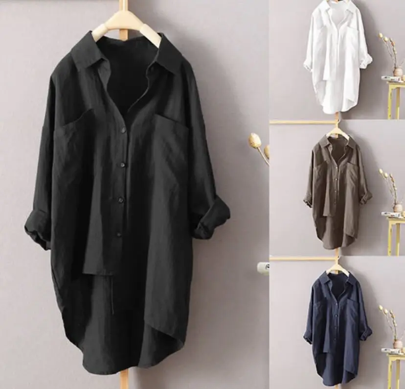 Women's Solid Color Shirt Large Size Long Sleeve Pockets Loose Blouses Front Short Back Long Casual Street Tops Women