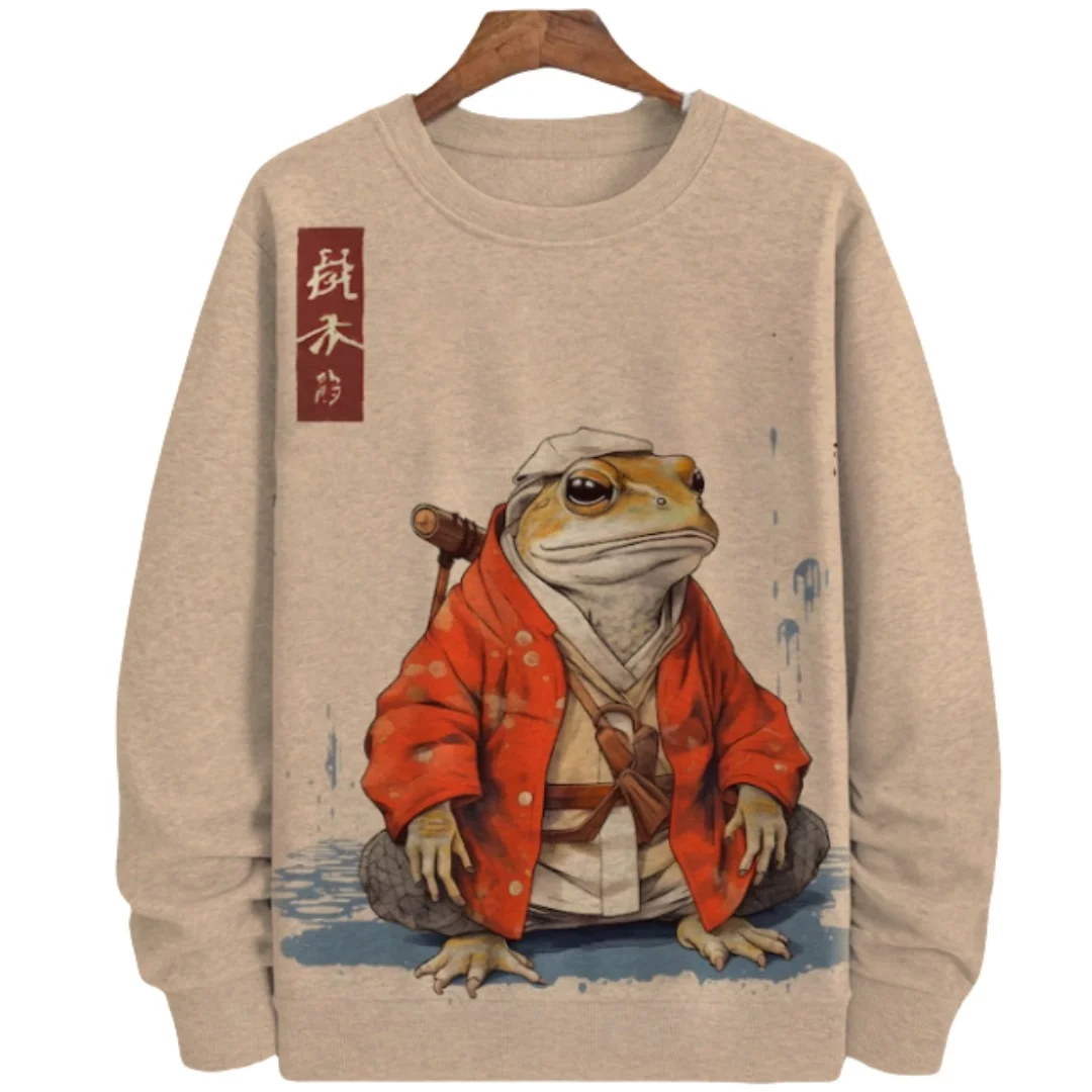 Japanese Style Frog Print Sweatshirt For Men Streetwear Round Neck Long Sleeve Pullover Casual Hooded Sweater Men Clothing 5XL