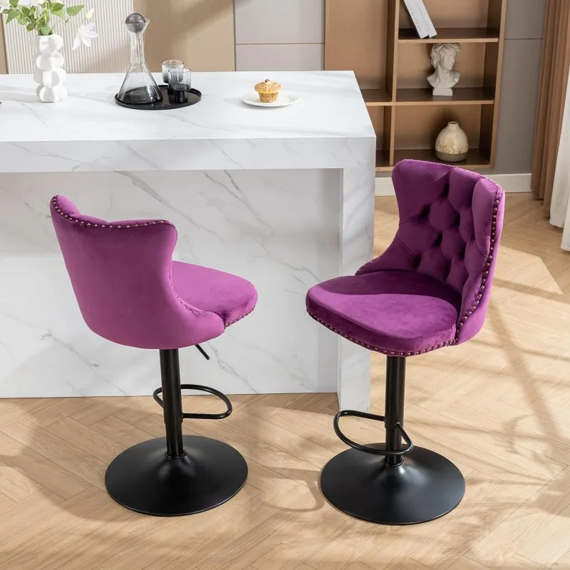 Swivel Bar Stools Set of 2, Adjustable Counter Height Barstools with Nailheads Trim, Button Tufted Back and Silver Footrest,