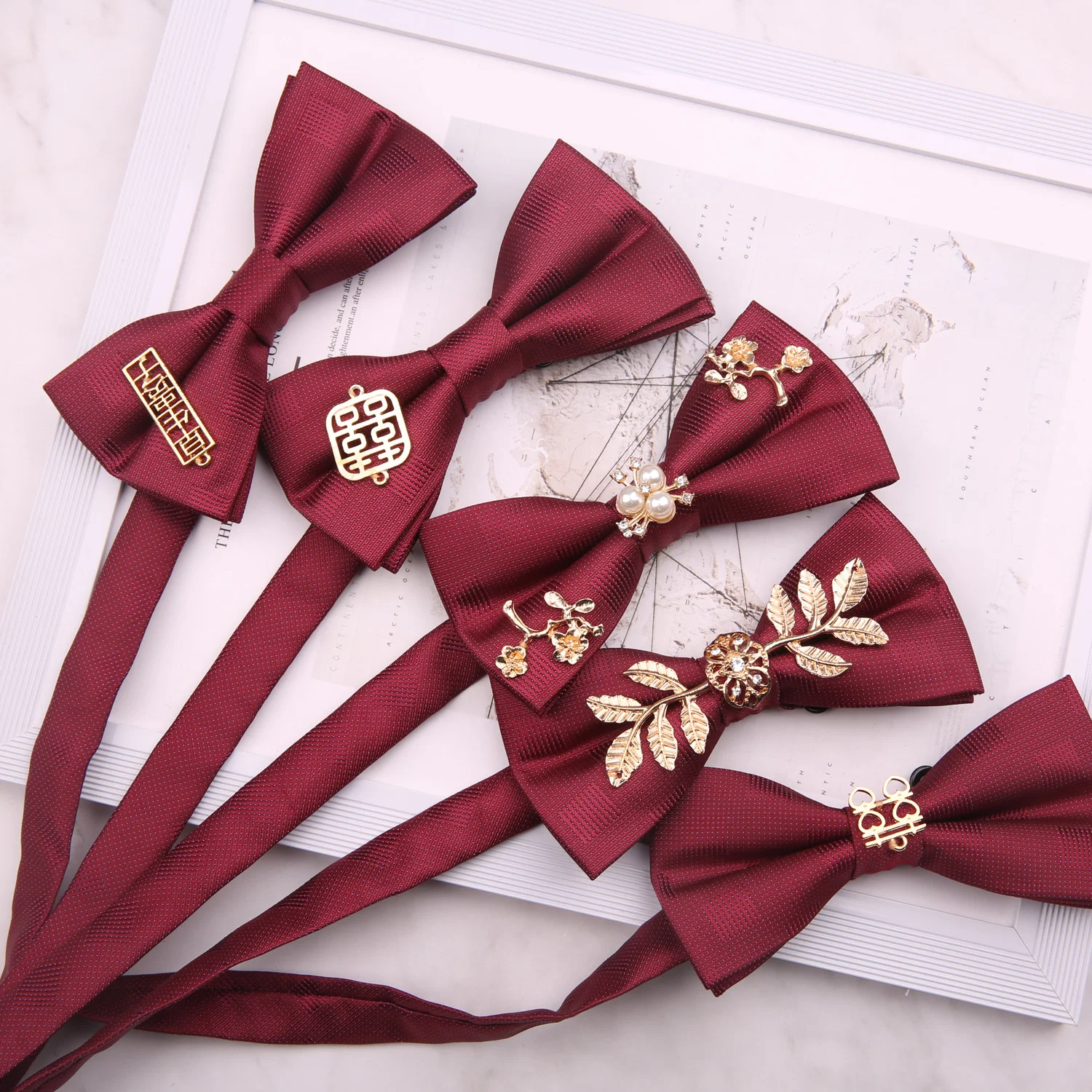 Bow tie for groom\'s wedding, personalized decoration for stage, wine red, black, happy letter, blue inlaid design