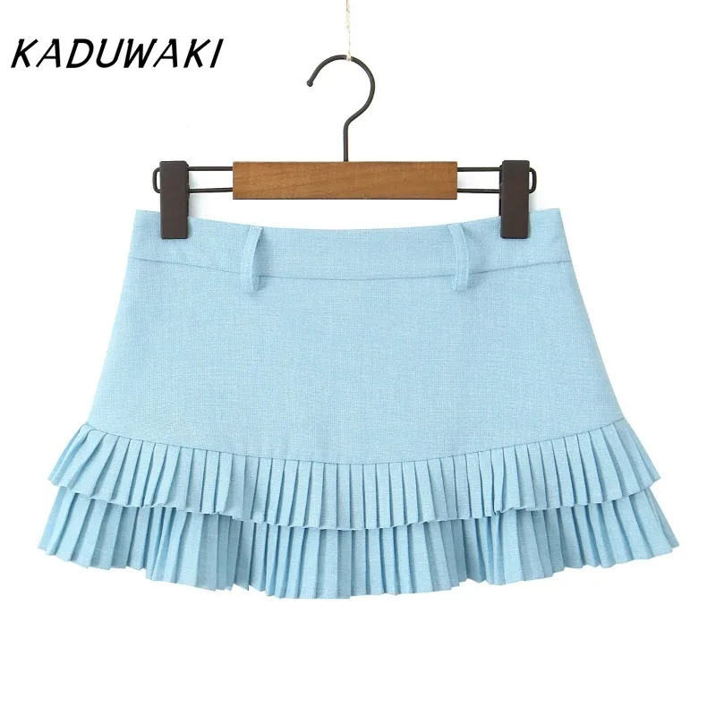 KADUWAKI Vintage Kawaii Mini Skirts Clothes Robes Women Cute Short Dress for Woman Pleated Skirts Blue Female Clothing 니트 스커트