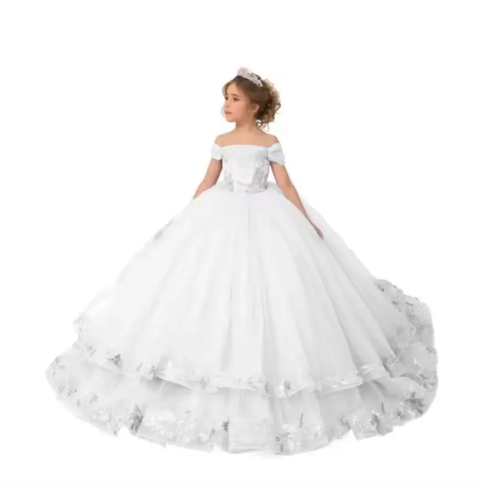 Elegance Off The Shoulder Fluffy Flower Girl Dress For Wedding Appliques Ruffles Toddler Pageant Dress Kids Birthday Gown