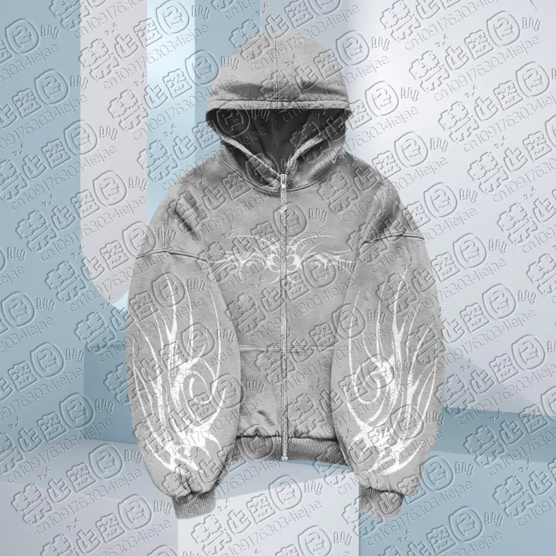 2026 Hip Hop Mens Zipper Hoodie Black Grey 3D Dark Print Pattern Gothic Harajuku Autumn Loose Fashion Personality Street Hoodie
