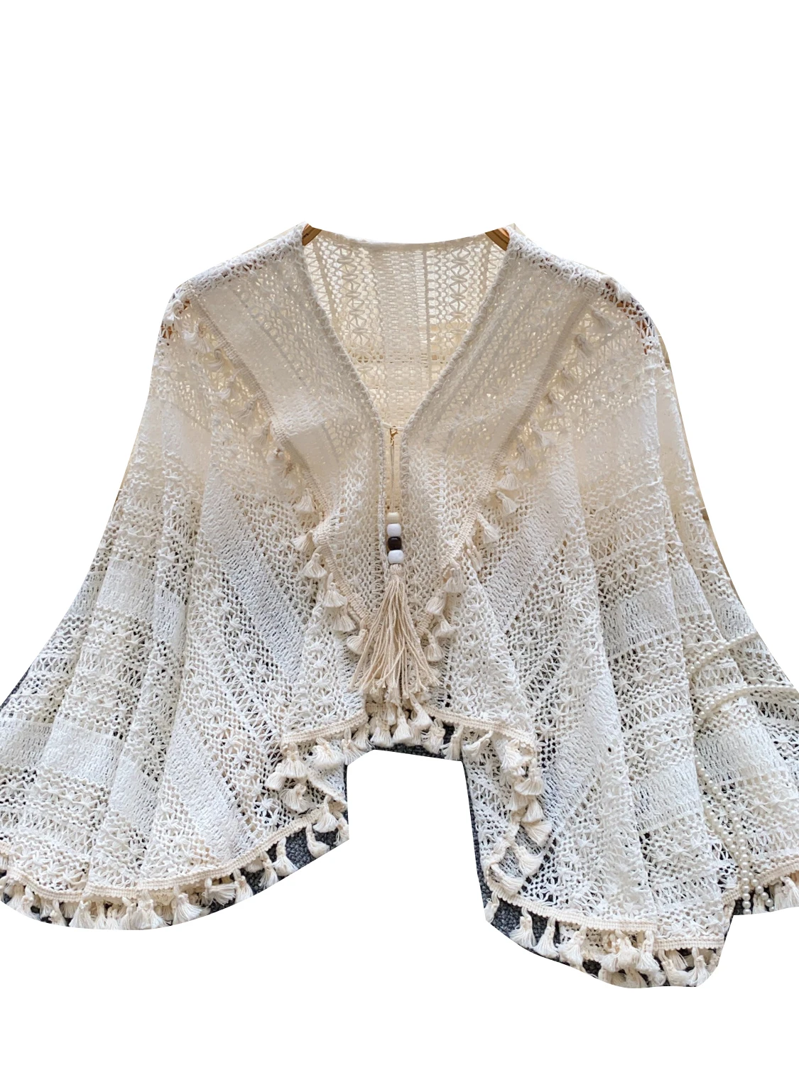 

Sweet Summer Vaion Retro Asymmetrical Hollow Knitted Tassel Outerwear oulder awl Women's Casual Loose Fit Long Sve