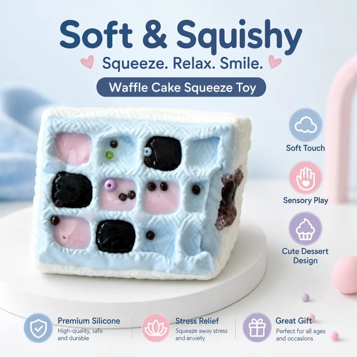 Food Grade Square Grid Dessert Squishy Toy With Pink Black Fillings And Tiny Bead Decor Slow Rebound Soft Squeeze Toy For Kids