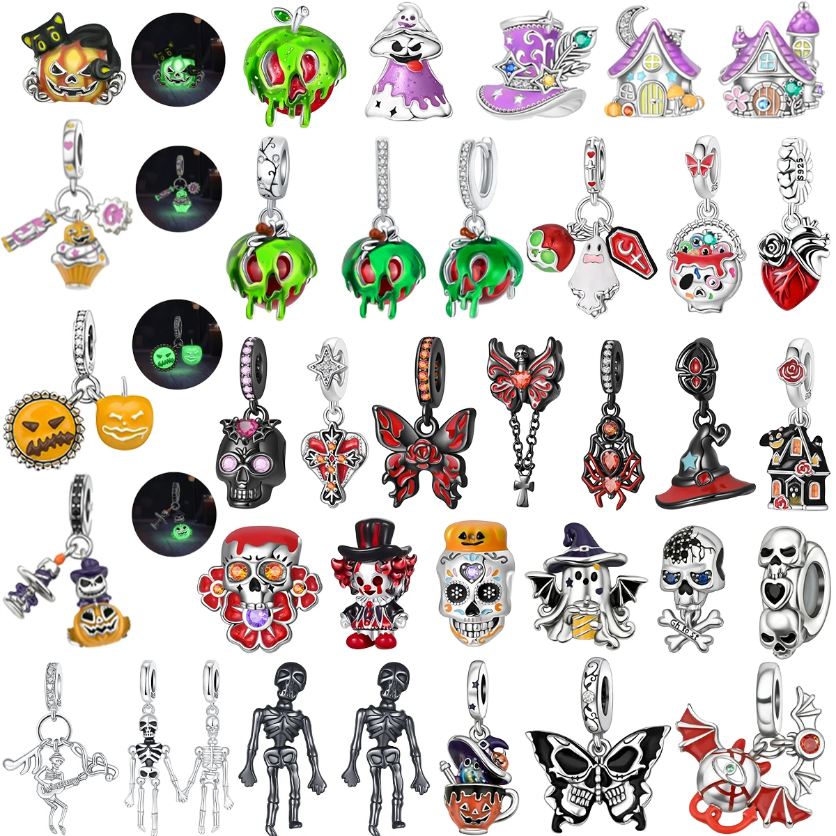 

Halloween 925 Sterling Silver Skull Charms Luminous Pumpkin Bat Ghost Coffin Earrings Beads Necklaces Bracelets DIY Jewelry Gift