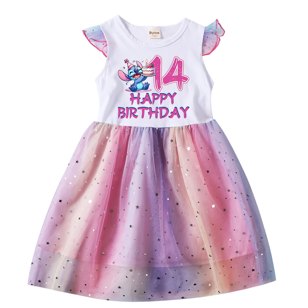 Children Girl Stitch Dress Print Number 1234566789 for Girls Princess Disney Gauze Dresses Kids Baby Gifts Party Fashion Clothes