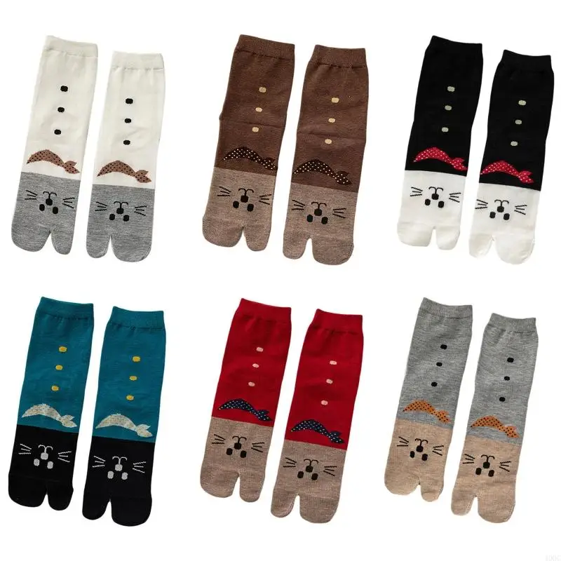 40GC Women Cotton Split 2 Toe Kimono Socks Japanese Cartoon for Cat Print Colorblock Flop Sandal Hosiery