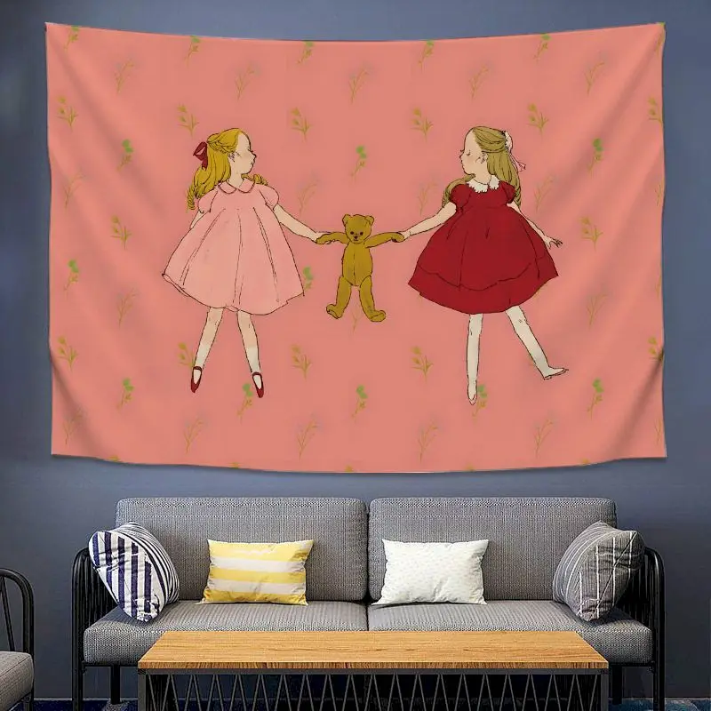 VIKAMA Girls Teddy Bear Pink Tapestry Wall Hanging, 6 Designs, Wall Decor for Bedroom Living Room Dorm