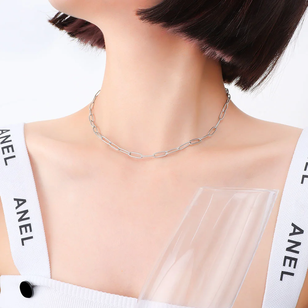 Punk Paperclip Link Chain Choker Necklace Female Silver Color Stainless Steel Neck Chains For Women Fashion Party Jewelry Gift