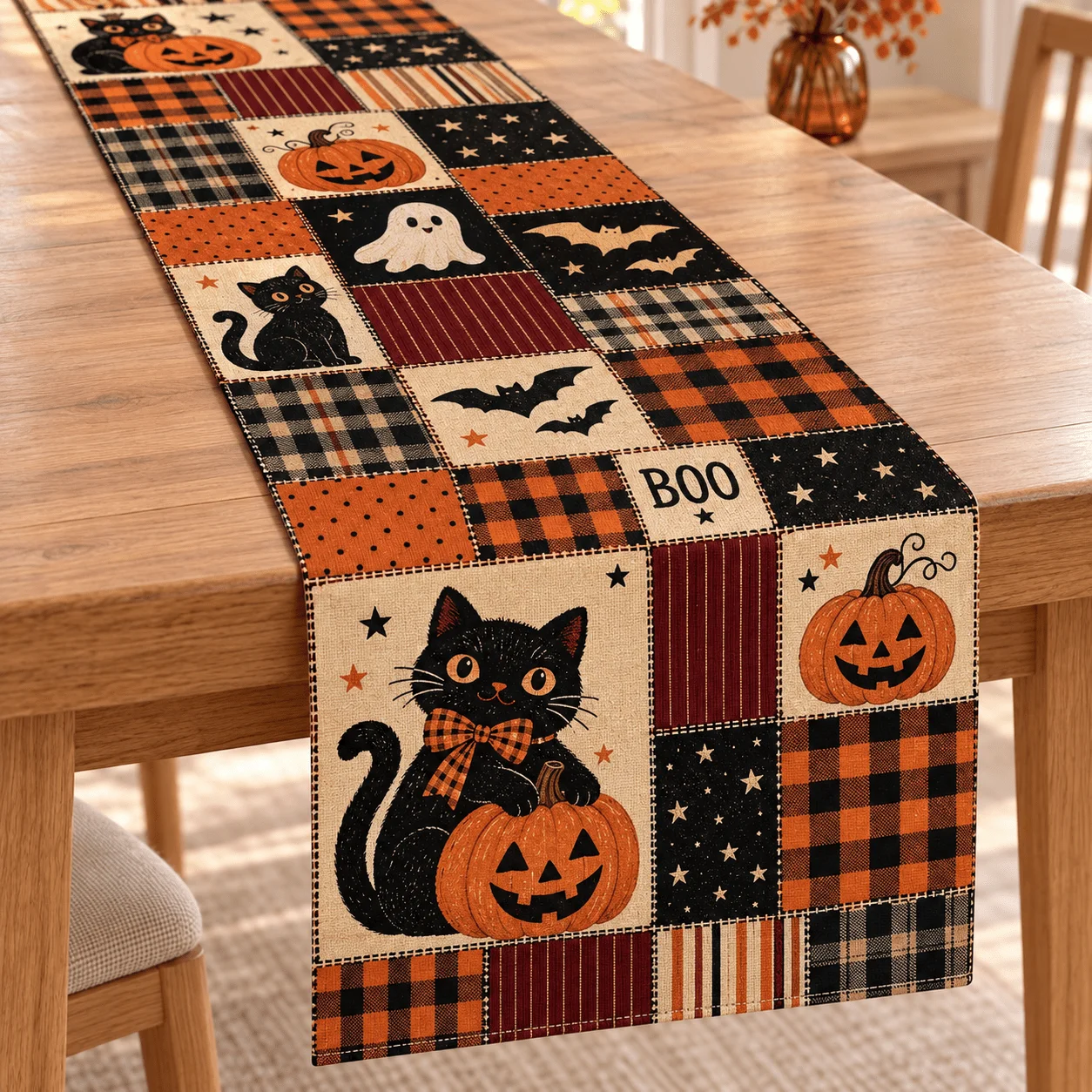 1 table flag, Halloween atmosphere is available in one shop! Linen material, black cat holding pumpkin with cute ghost