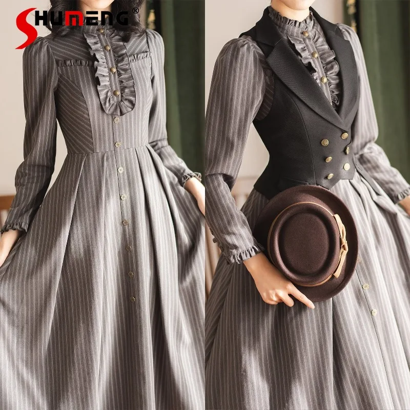 

2026 Spring New French Style Original Vintage Elegant Striped Single-Breasted Dress Y2k Clothes Long Slimming Vestidos De Mujer