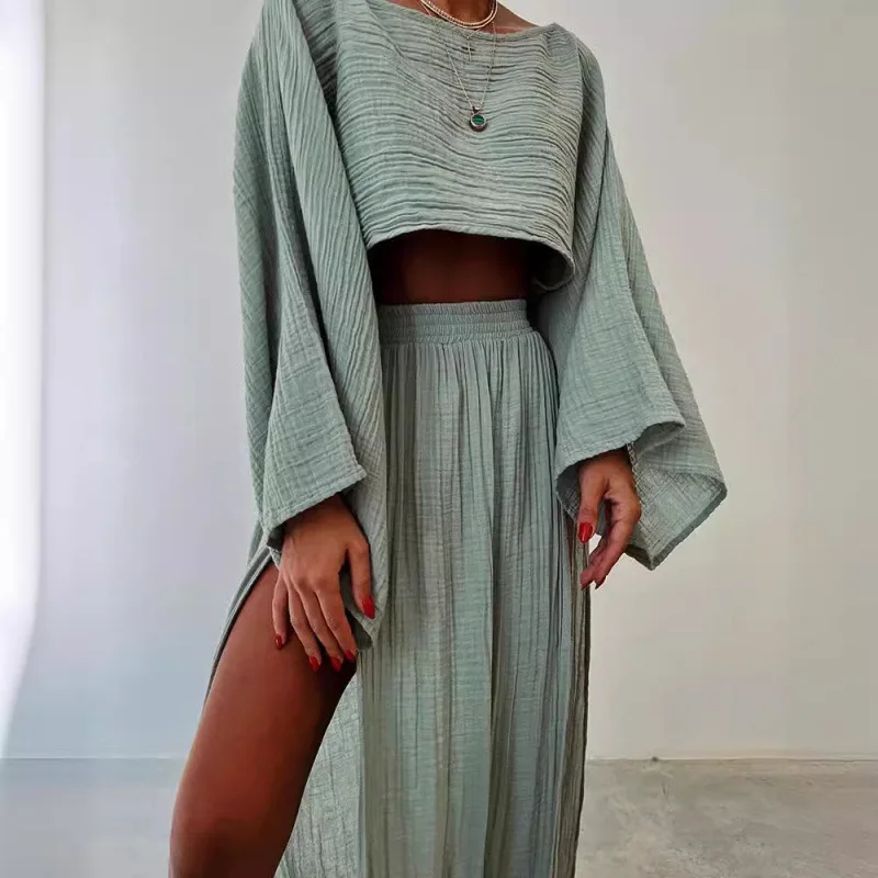 2024 Women Long Dress Short Top Two-piece Vacation Beach Sexy Cotton and Linen Slit Casual High Waist Fashion Solid Dress Sets