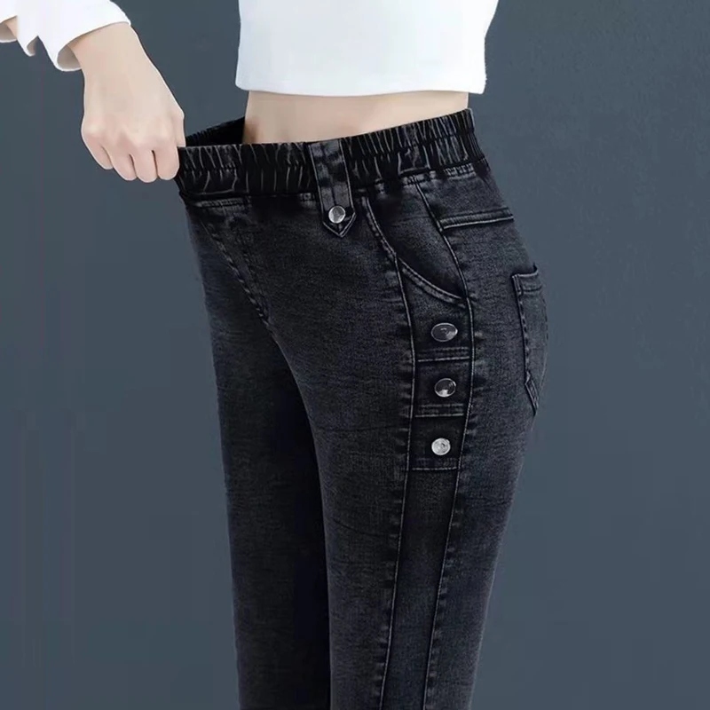 Velvet Stretch Pencil Jeans Women Winter Plus Big Size 34 Vintage Slim Thicken Jean Warm Skinny Denim Pants High Waist Leggings