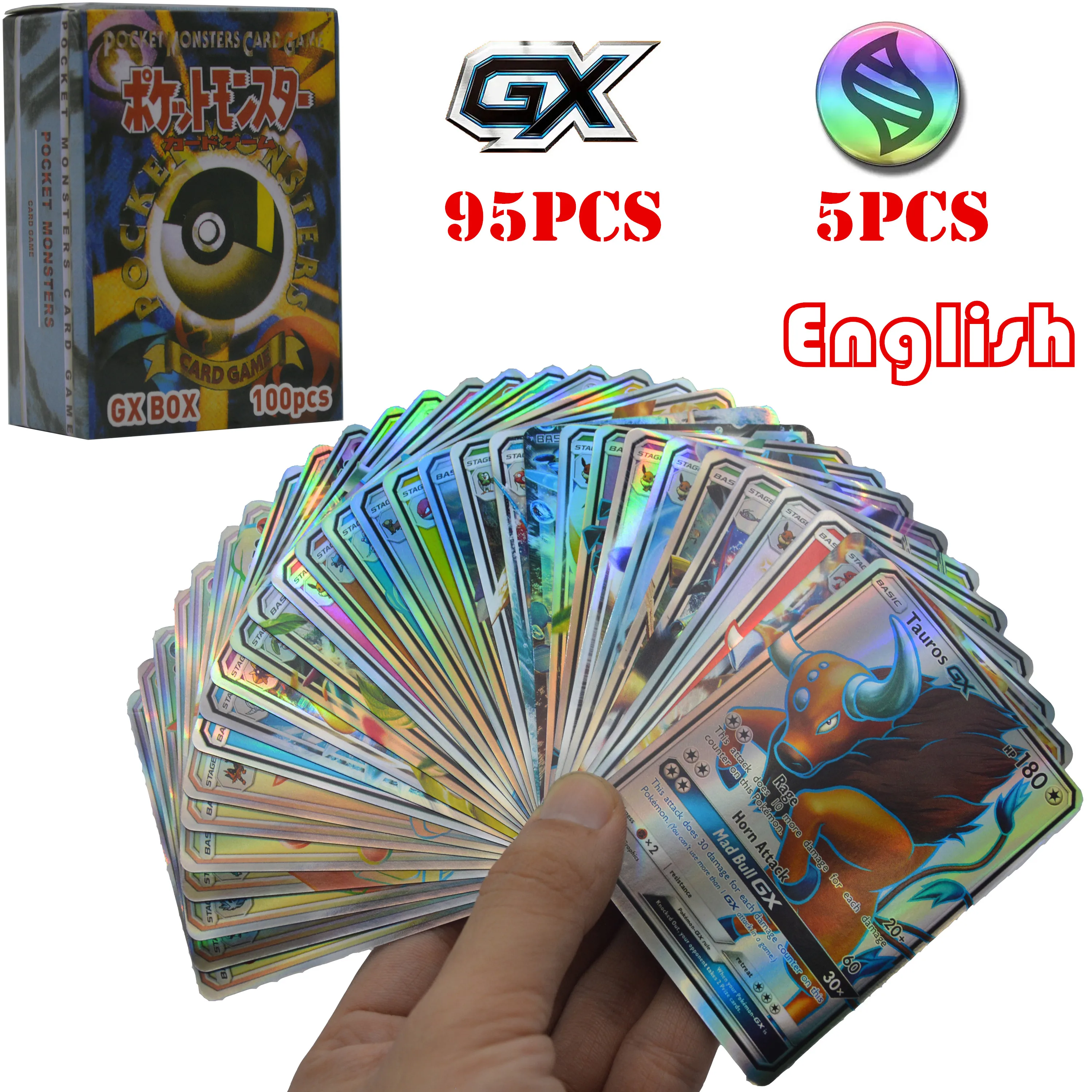 

100pcs Pokemon GX MEGA EX Cards English Pokémon Shining Basic Tauros Stage Cards Playing Game Collection Booster Box Kids Toy