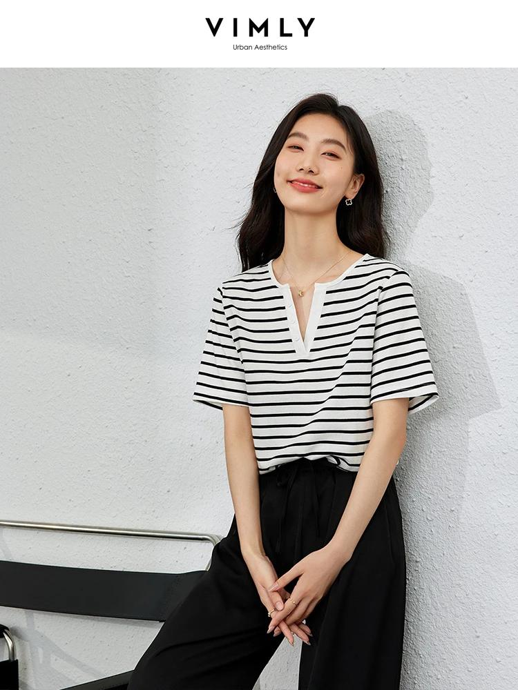 

VIMLY Clashing Stripes V-Neck Formal Shoulder T-Shirt Women 2024 Summer New Simple Short Sleeve Tee Casual Top M6107