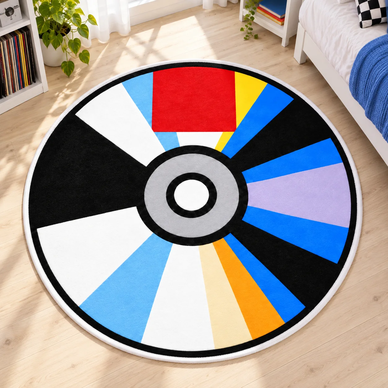 Optical Disc Shaped Area Rug, Rainbow CD Pattern Floor Mat for Bedroom Living Room Music Studio, Retro Modern Home Decor Gift
