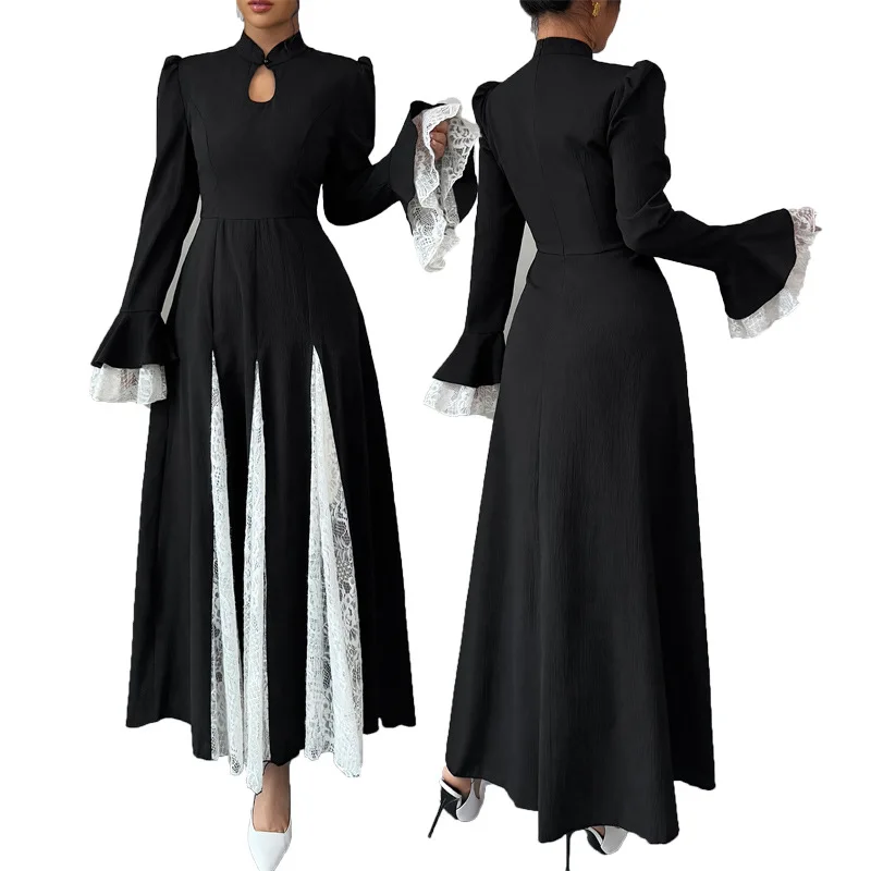 

Women's Casual Fashion Muslim Middle Eastern Abaya Black Chiffon Round Neck Tie-Dye with Belt Long Elegant Dresses