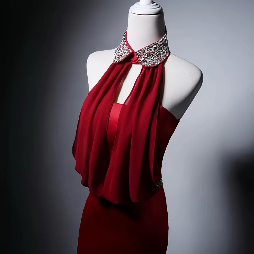 

Блестящее кристально-красное вечернее платье с лямкой на шее длиной до пола, без рукавов, с поясом и блестками, женское платье знаменитости для свадебной вечеринки, выпускного вечера, новинка