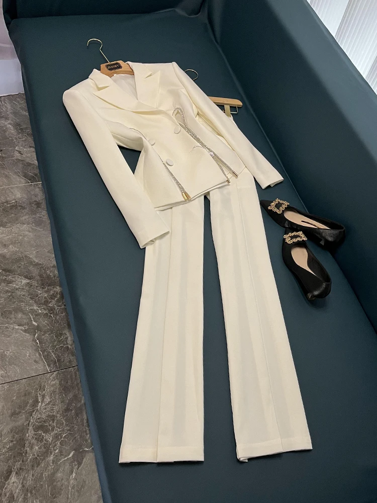 

High-End Luxury White Diamond Embellied Split Straight Leg Suit Jaet And Pants Two-Piece Set New 2025 Faion Design