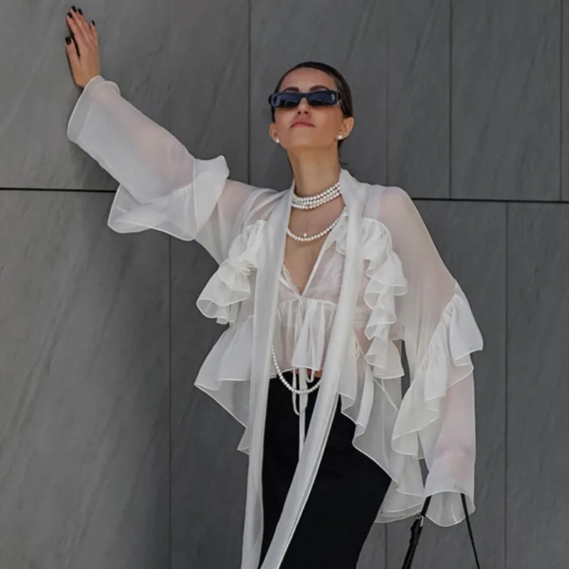 

Women's Spring Autumn Tops Shirt Ruffle Belt Pure Color New Vintage Simple Comfortable Loose Casual Soft Niche Versatile Skinny
