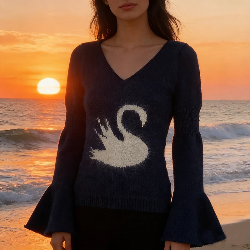 가을 감성 카와이 빈티지 우아한 니트웨어 만화 백조 자카드 긴팔 풀오버 타이트 O넥 트럼펫 소매 스웨터