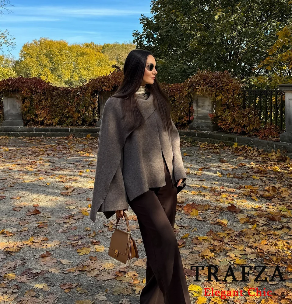 TRAFZA Elegant Cape Sweater Women's Scarf Collar Loose Sweater New 2024  Fashion Fall Winter Romantic Date Casual Simple Sweater