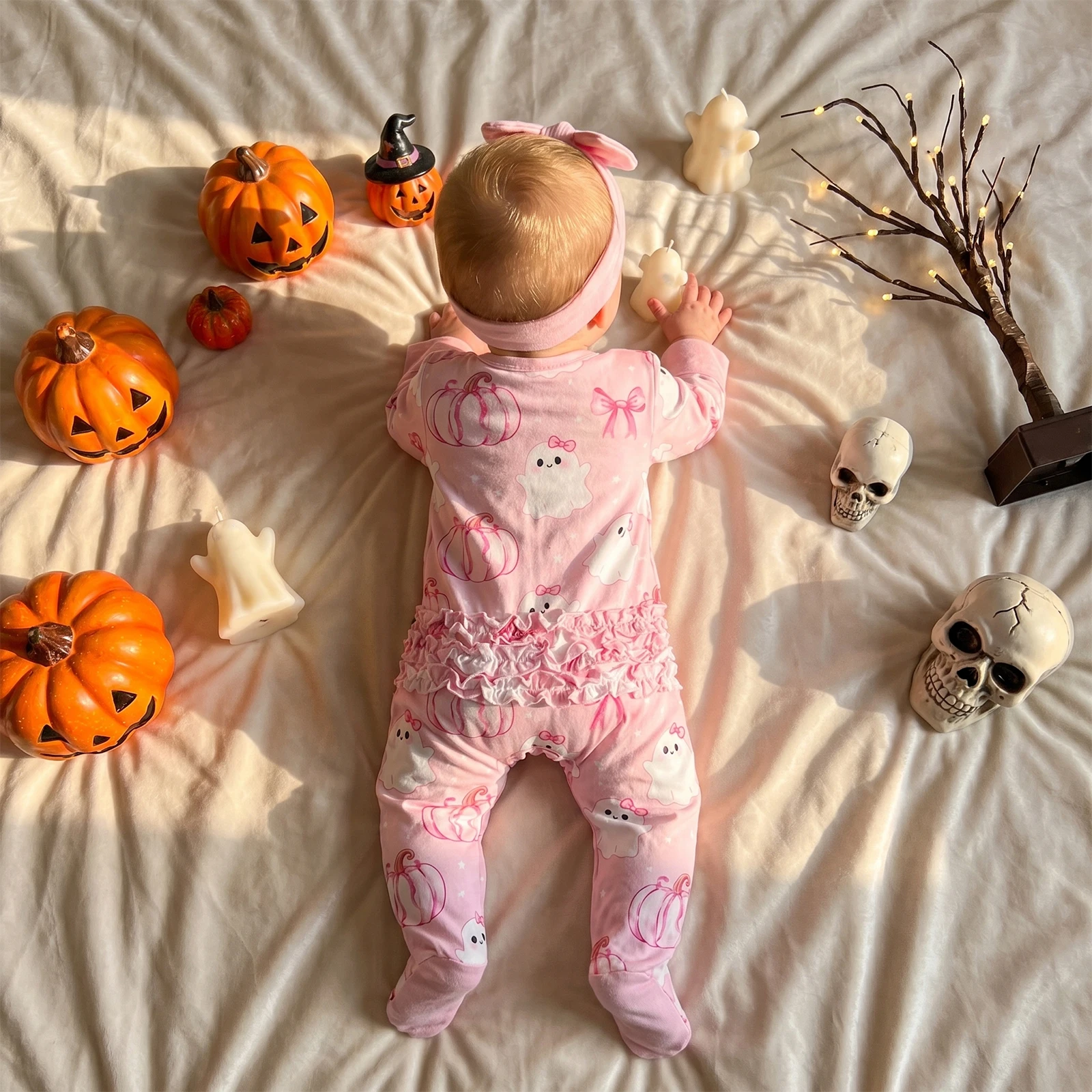 2 Pcs Infant Girl Halloween Outfit Long Sleeve Crew Neck Ghost Ruffle Trim Footed Romper Headband Set Baby Fall Clothes 6