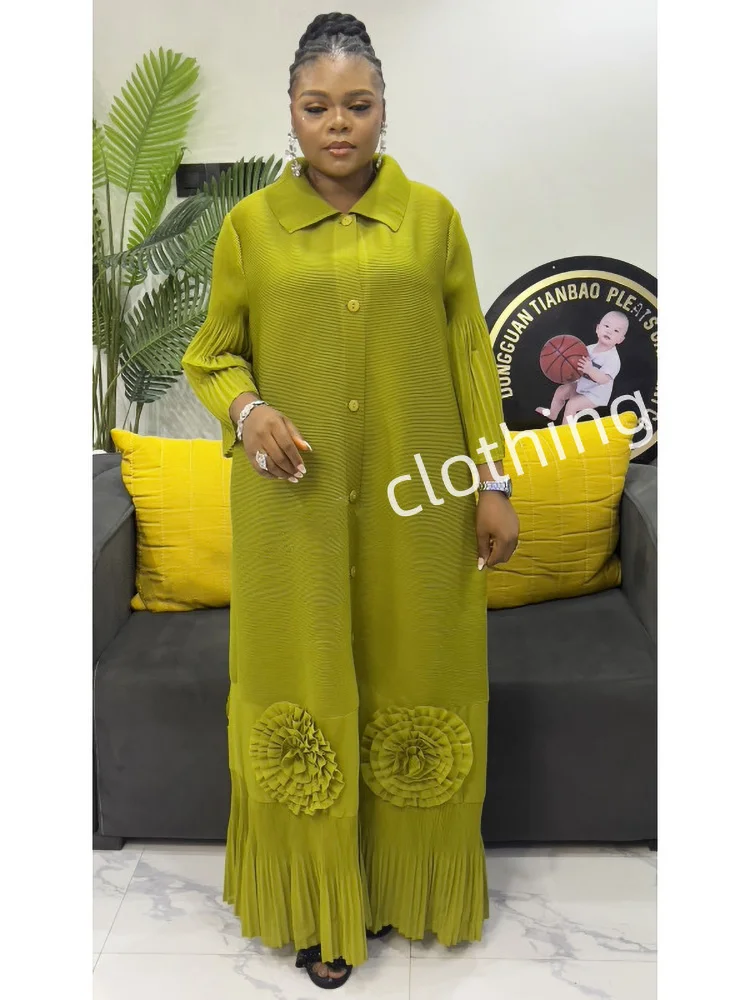 ANLAN Fashion Pleated Dress Women Lapel Long Sleeves Design Single Breasted A-line Maxi Dresses 2025 Summer New 7AN9908