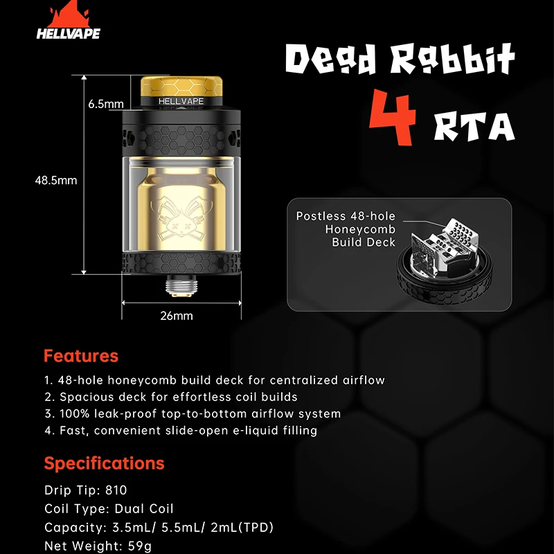 Original Hellvape Dead Rabbit 4 RTA Vape Tank 810 Drip Tip 510 Thread Dual Coil 3.5ml/5.5ml Capacity Ele Cigarette Atomizer