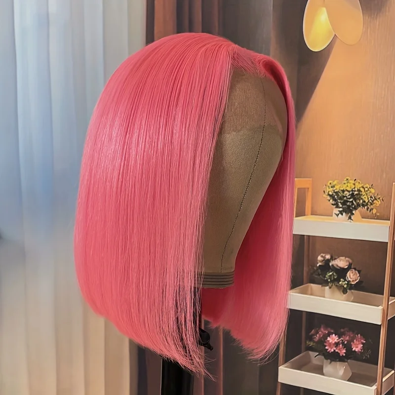 Peruca de cabelo humano curto para mulheres, 13x4 frontal de renda, pré arrancada, rosa claro, 100% cabelo humano