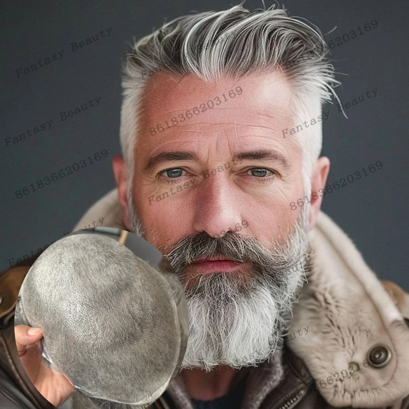 90 الكثافة # 420 بني مختلط مع شعر رمادي كبار السن شعر مستعار للرجال صغير رقيق 0.02 مللي متر غير قابل للاكتشاف 100% شعر بشري بولي سكين شعر مستعار للرجال