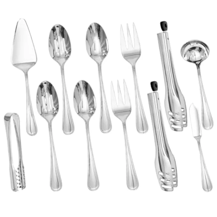

12 Piece Teardrop Serving Utensils Set 18/10 Stainless Steel Serving Utensils Slotted Spoons Forks Tongs Cake Server Butter Kni