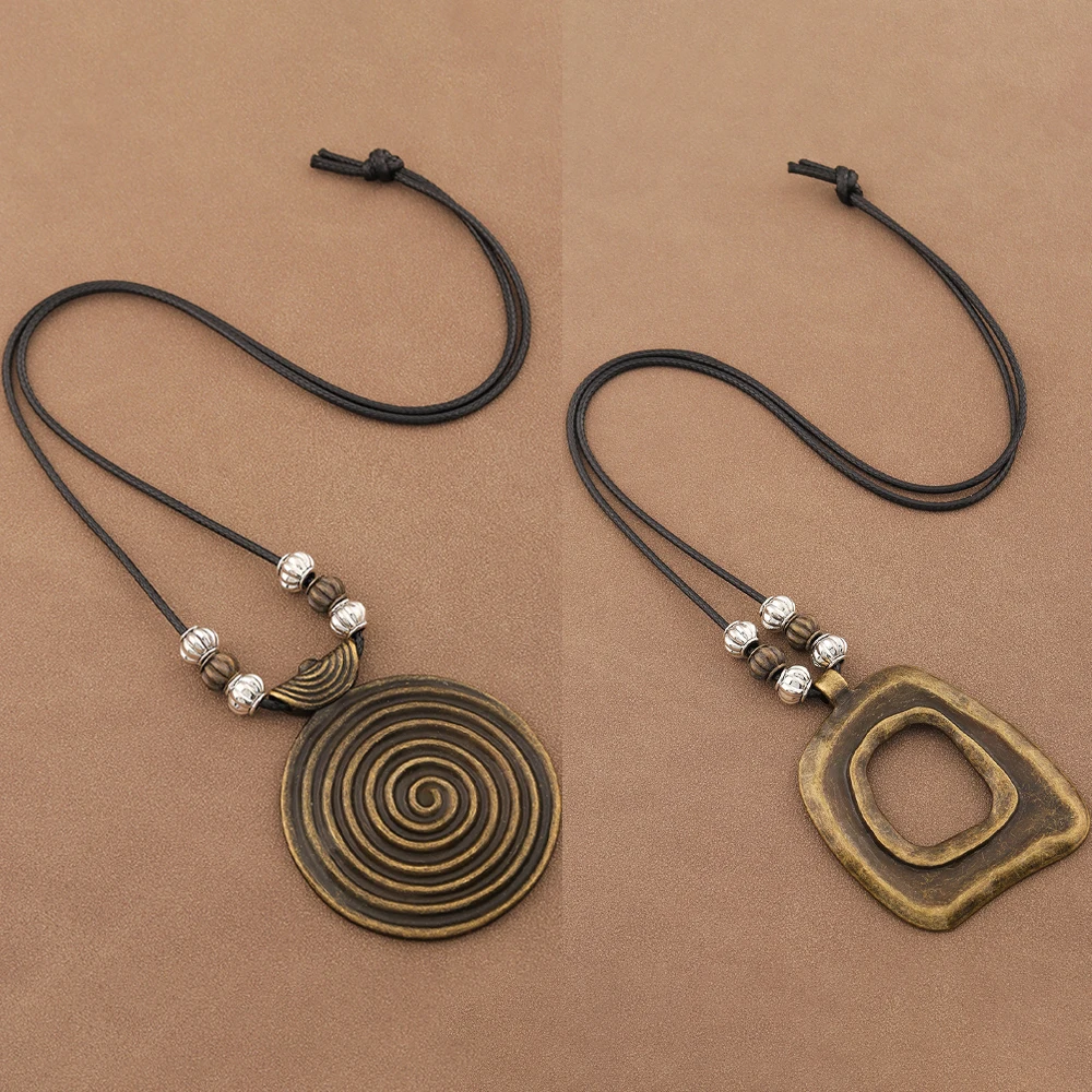 1 x Bronze Color Vortex Circular Sweater Chain Alloy Bohemian Men Women Personality Pendants Long Wax Rope Necklaces Jewelry