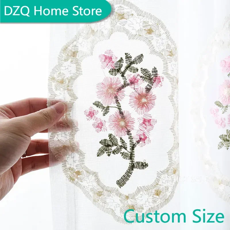 

Embroidered Floor Tulle Window Curtains for Living Room, Korean Pink Lace Voile, Sheer Curtains for Bedroom Kitchen, Drapes