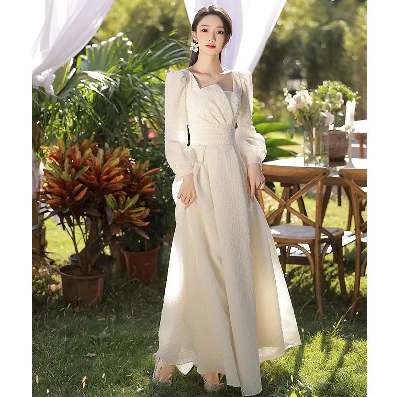 Champagne Bridesmaid Party Dress Women 2023 Chinese Style Long Sleeve Skirts A-line Slim Banquet Vestidos Women's Prom Dresses