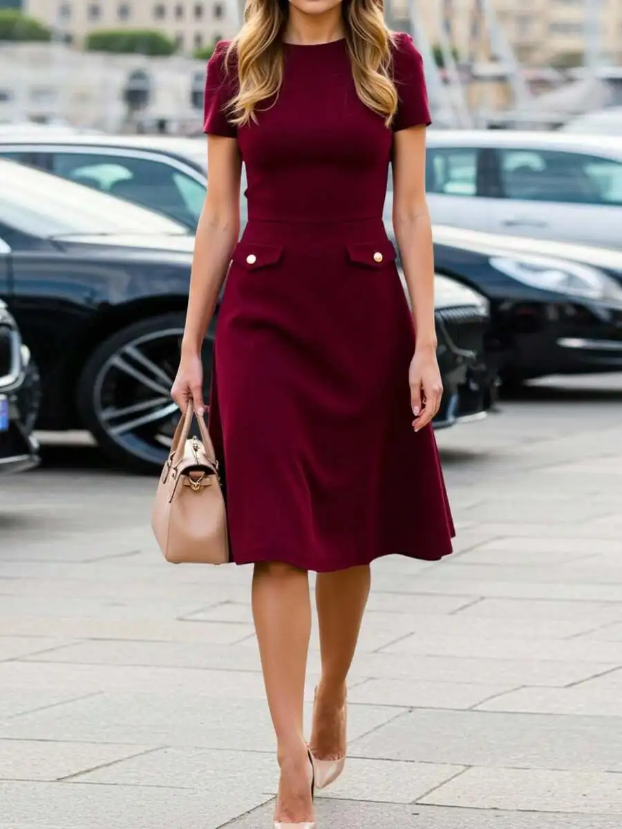 

Burgundy Solid Short Sleeve A-Line Midi Dress with Front Pockets
