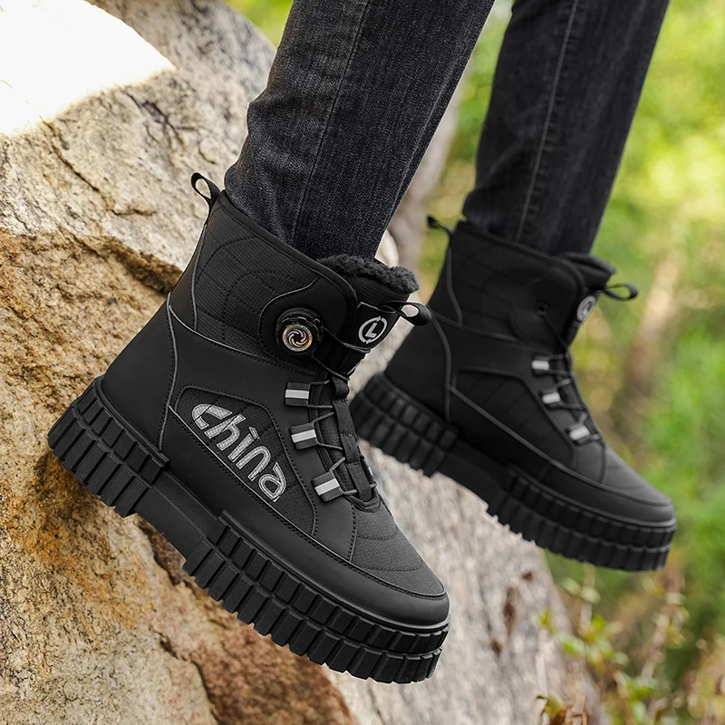 Зимние мужские ботинки Бархатные толстые ботинки Уличные высокие зимние ботинки Повседневная непромокаемая теплая обувь Новая мужская хлопковая обувь на шнуровке