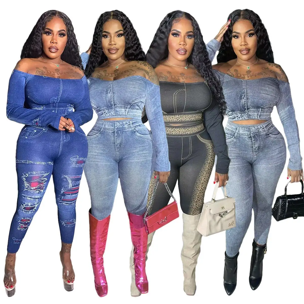 

Imitation Denim Print Two Sets Women's Faion Winter Long Sve Long Pants Sle Tee Piece Set No Brand Registered Trademark