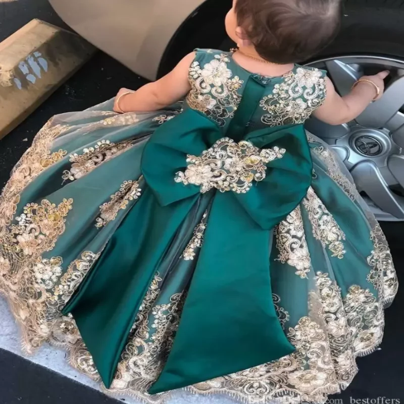 Fashion Emerald Green Flower Girl Dresses Long Gold Appliques Birthday Wedding Party Dresses Tulle Kids Holy Communion Ball Gown