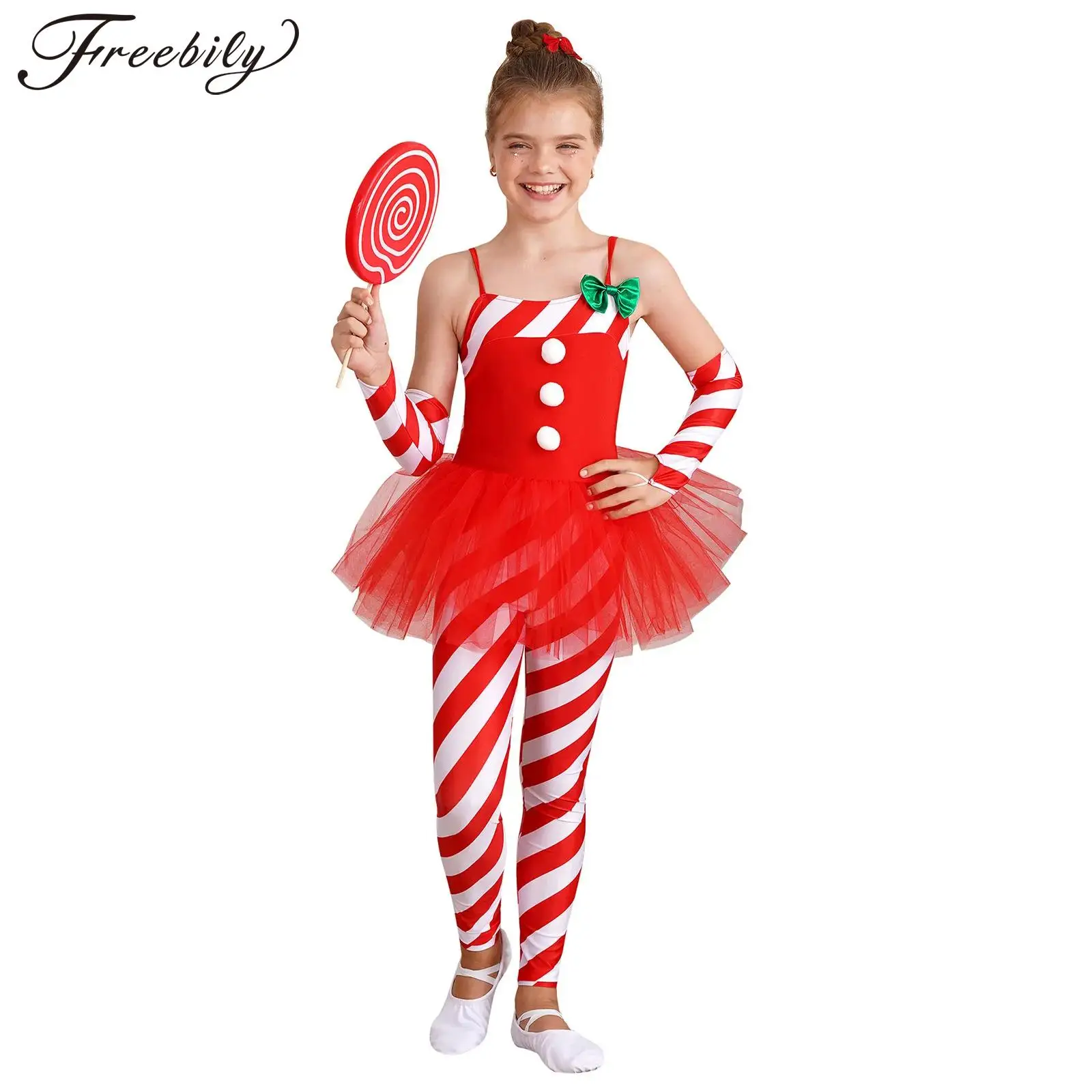 Kids Girls Christmas Costume Candy Cane Striped Jumpsuit Bodysuit Stage Performance Dance Costume Santa Claus Dress Up