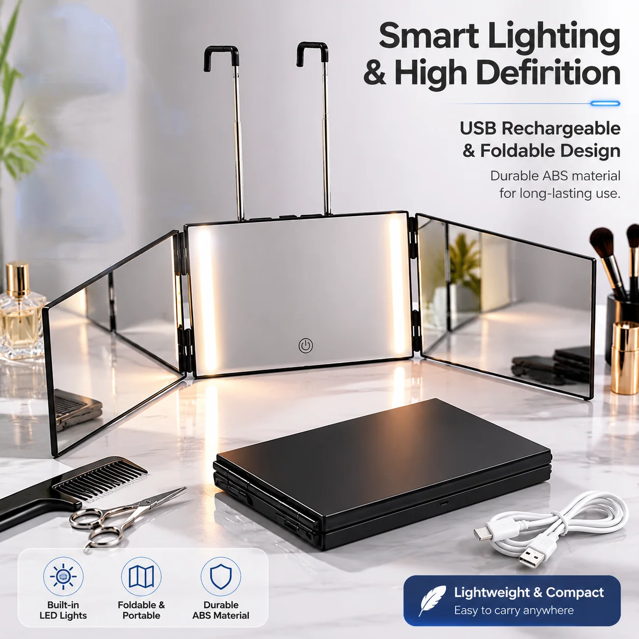Miroir de maquillage portable à trois volets, rotation à 360 degrés, hauteur réglable, avec un crochet rétractable – ce miroir de maquillage pliable pour voyage convient à diverses situations : rasage, coupes de cheveux, application de maquillage et coiffage. Idéal pour les salles de bain à domicile