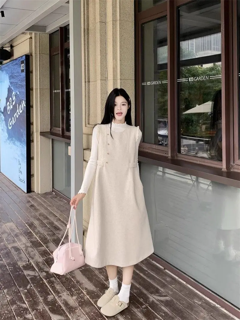 

Knitted Sleeveless Dresses Long Womens Autumn Athleisure Sister School Academic Collegiate Varsity Bold Handsome Ladies Knitting