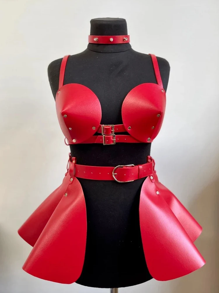 Concert Damen BH mit PU-Lederriemen, Space Dance Kostüm, Cosplay, einfarbig, mit Hosenträgern, Gothic, Rüschen-Hosenträger-Set – Detail 2
