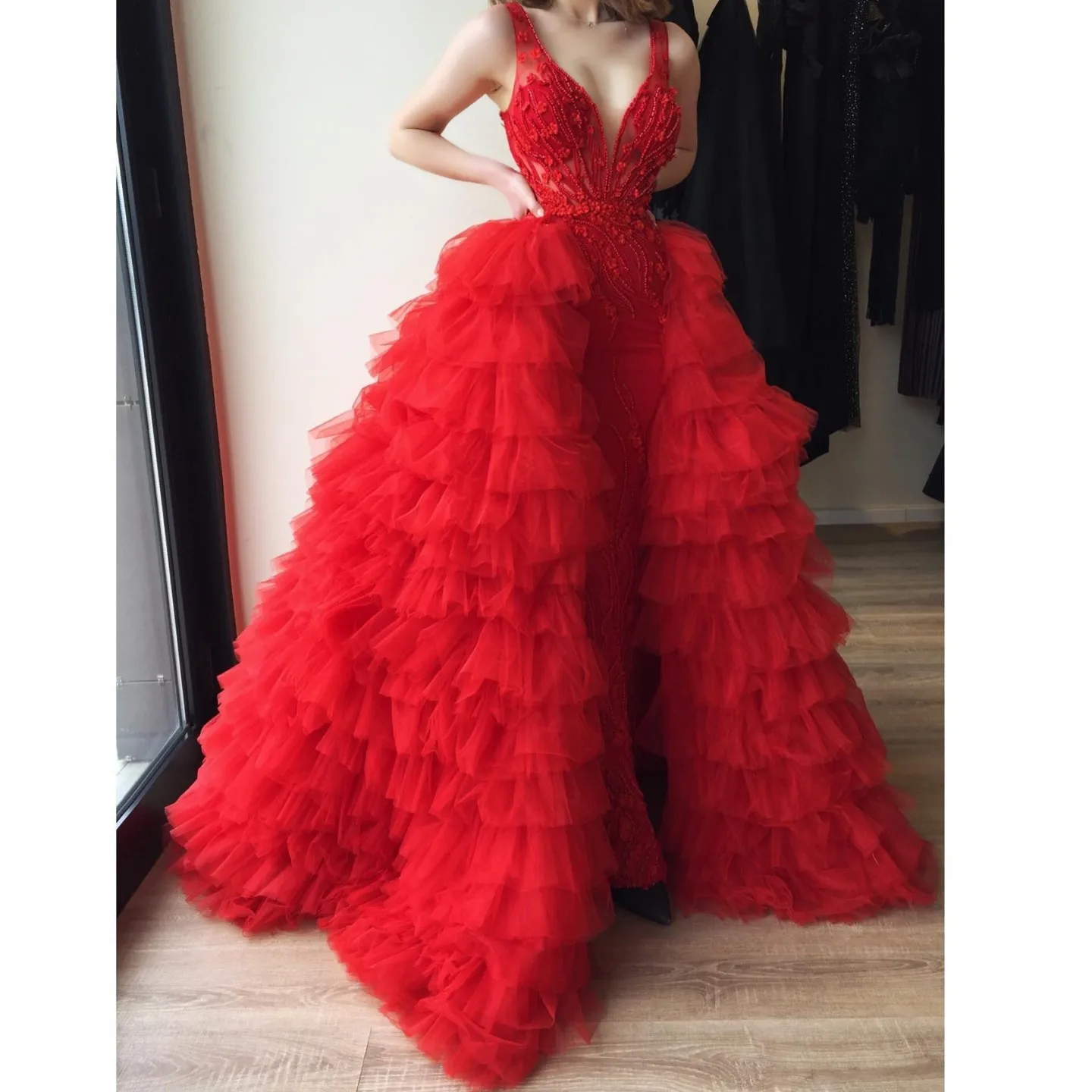 Red Fluffy Tiered Tulle Detachable Train Bridal Tutu Tulle Over Wrap Skirt Voluminous Tulle Overlay Long Women Maxi Tulle Skirts